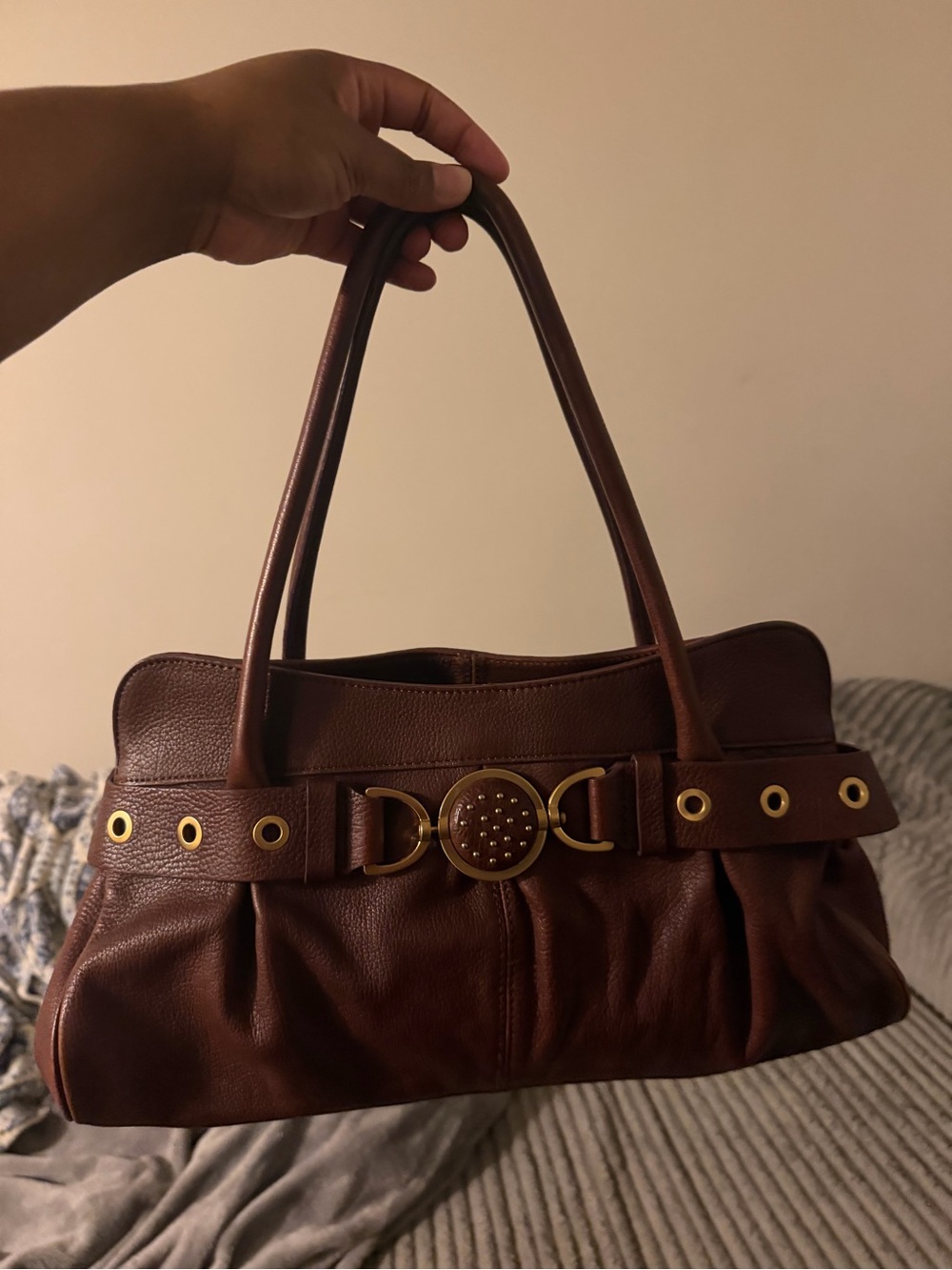 Adrienne Vittadini Brown Leather Shoulder Bag with Gold Accents
